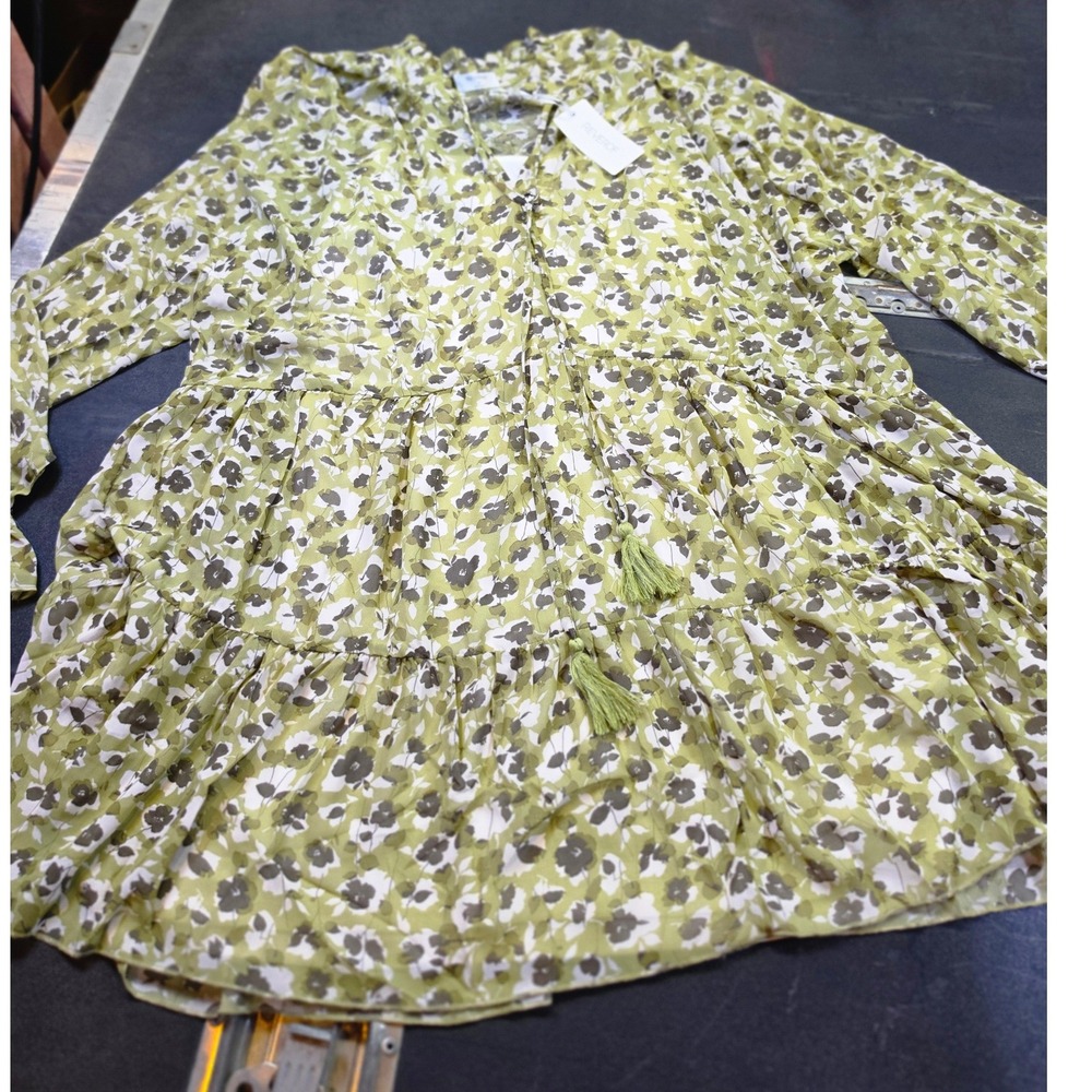REVEROF Sage Green Floral Tiered Mini Dress Long Sleeve Tassel Tie Size M NEW$69